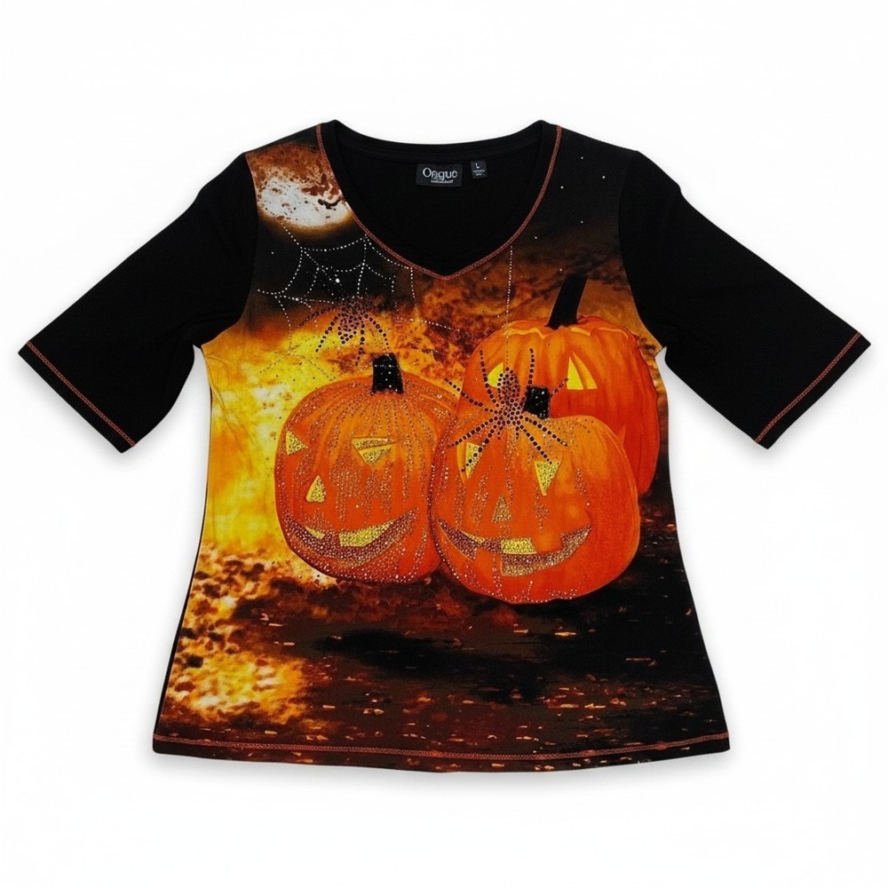 Opaque Collection Womens L Halloween Pumpkin Spider Rhinestone Black Orange Top